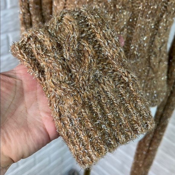 PILCRO Anthropologie Gold Sparkle Turtleneck Cable Knit Crop Sweater Size SM - Picture 5 of 13